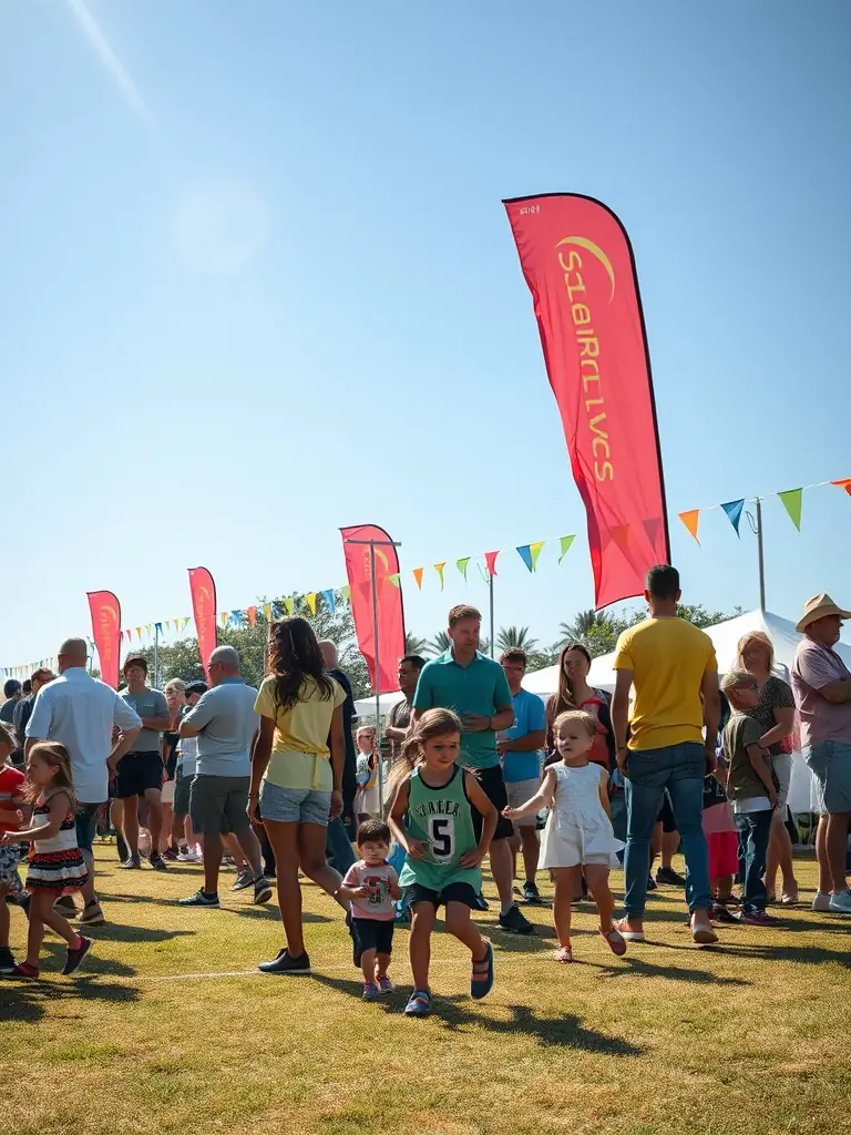 A dynamic shot of a community event organized by ASUJL, featuring families and individuals engaging in various sports and recreational activities, highlighting community engagement and social interaction.