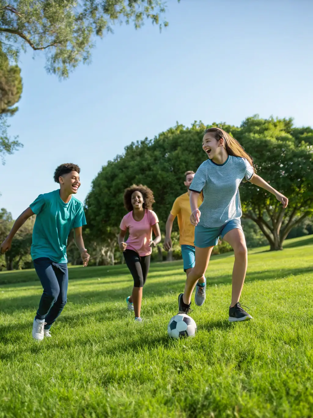 A dynamic image of a group of children playing soccer in a local park, emphasizing teamwork and active participation.