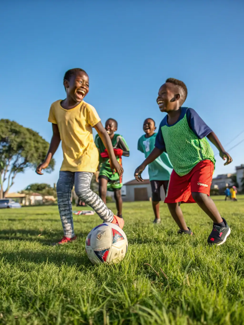 A group of children playing soccer in a local park, wearing sports jerseys and smiling, with a coach guiding them. The scene is bright and energetic, showcasing the fun and teamwork involved in the activity.