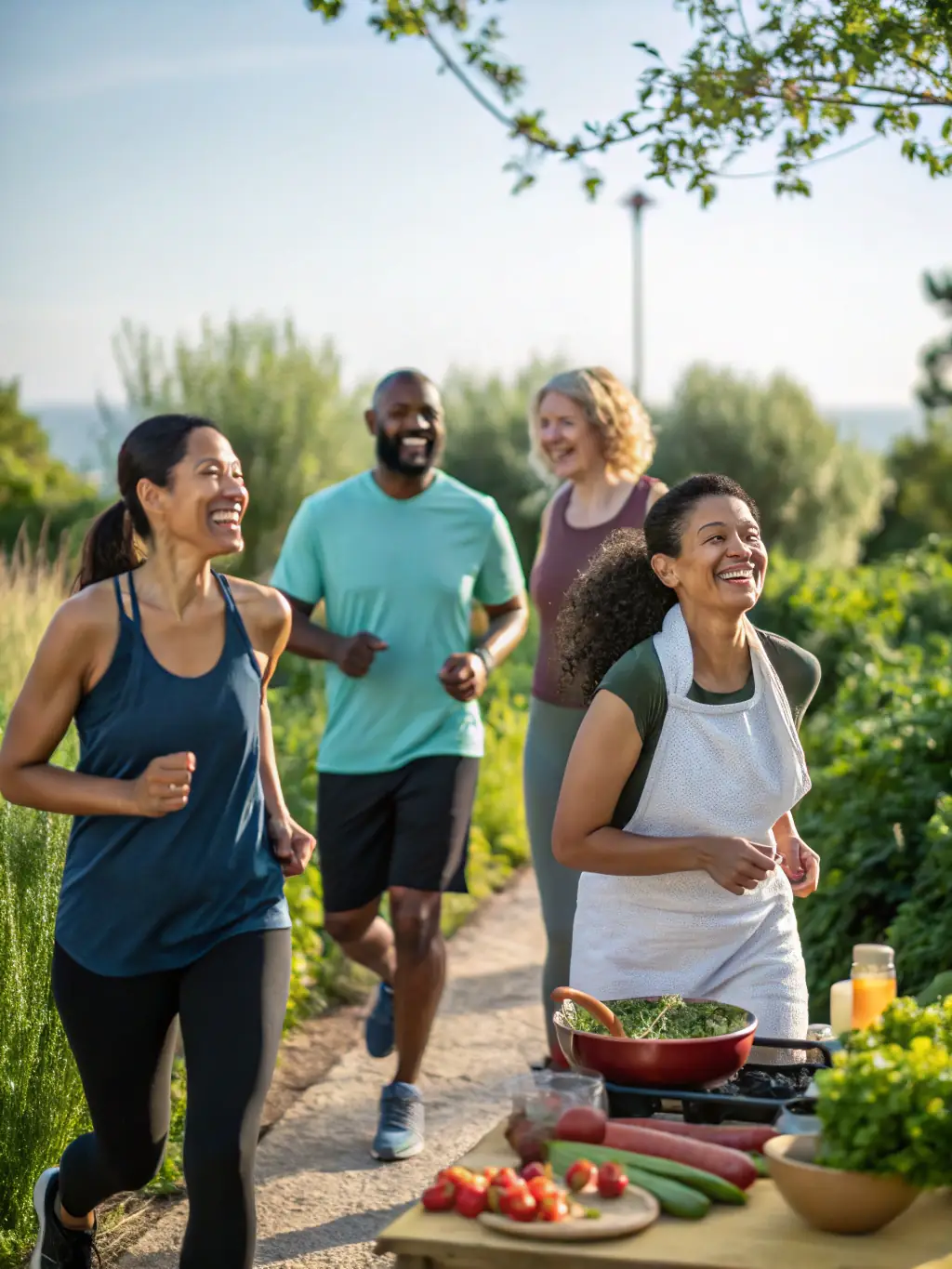 A photograph capturing a group of diverse community members participating in a fitness class organized by ASUJL in a local park, emphasizing inclusivity and well-being.