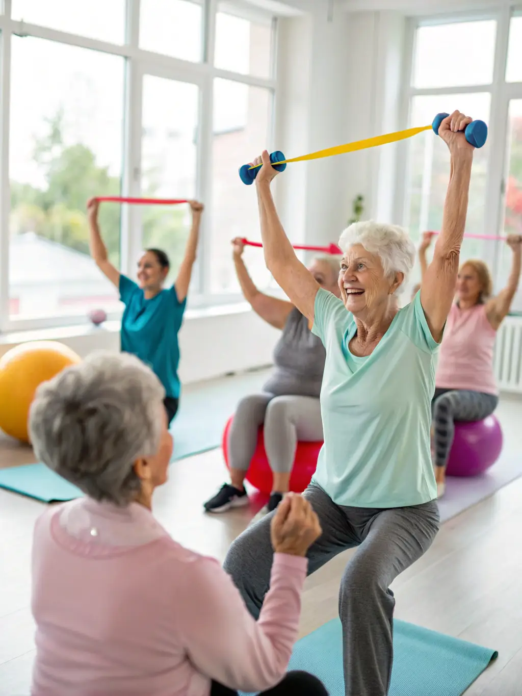 A group of seniors participating in a gentle exercise class indoors, led by a trainer. They are using light weights and resistance bands, focusing on mobility and strength, in a comfortable setting.