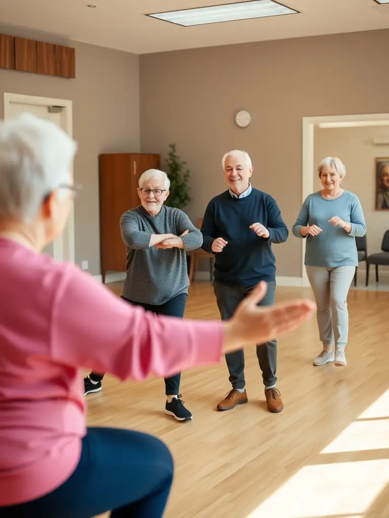 A group of senior citizens participating in a gentle exercise program, with a focus on mobility and social interaction, in a community center in Losne.