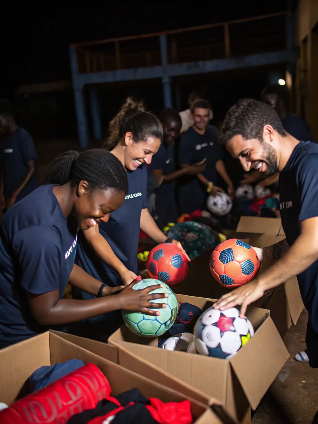 A photo of volunteers assisting with a sports equipment donation drive, emphasizing the association's commitment to supporting local athletes.