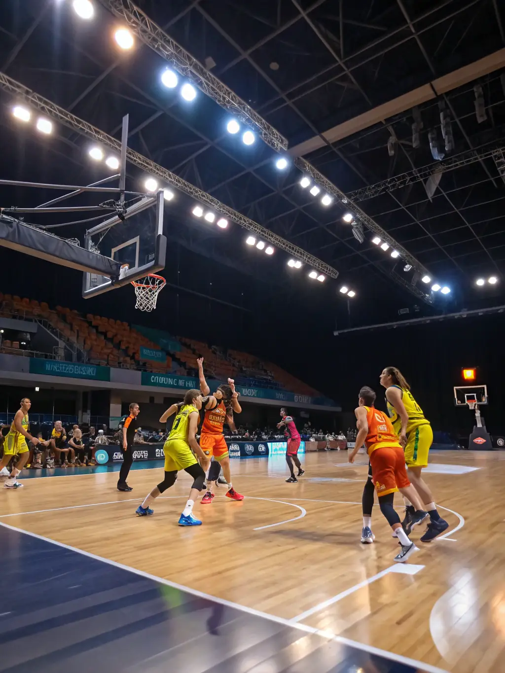 Participants in a basketball game at a local community center, showing teamwork and sportsmanship. The players are actively engaged, dribbling, passing, and shooting, in a friendly and competitive environment.