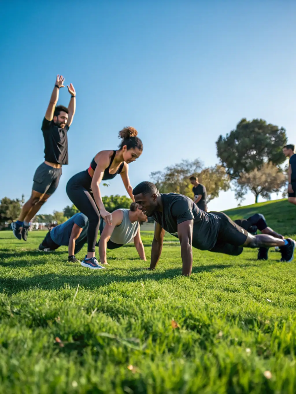 A diverse group of adults participating in a fitness class outdoors, led by an instructor, with a focus on promoting health and wellness in Losne.