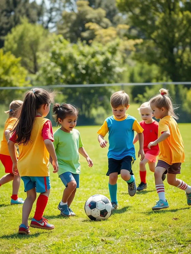 A group of children participating in a soccer training session, wearing sports uniforms and smiling, with a coach guiding them in a sunny field in Losne.