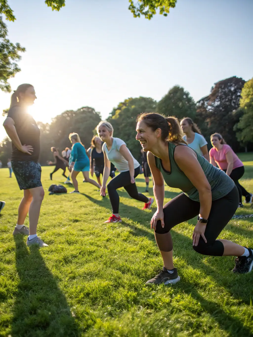 Adults participating in a fitness class outdoors, led by an instructor. They are doing various exercises, such as stretching and light aerobics, in a park setting, promoting health and wellness.