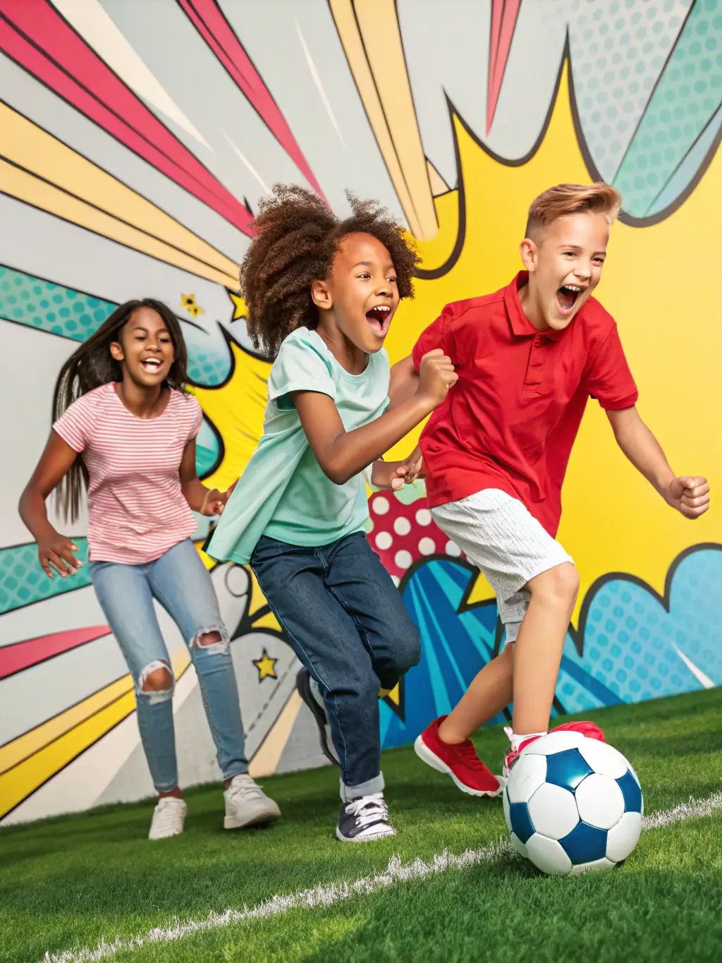 A vibrant image of children participating in a soccer clinic organized by ASUJL, showcasing teamwork and active engagement.