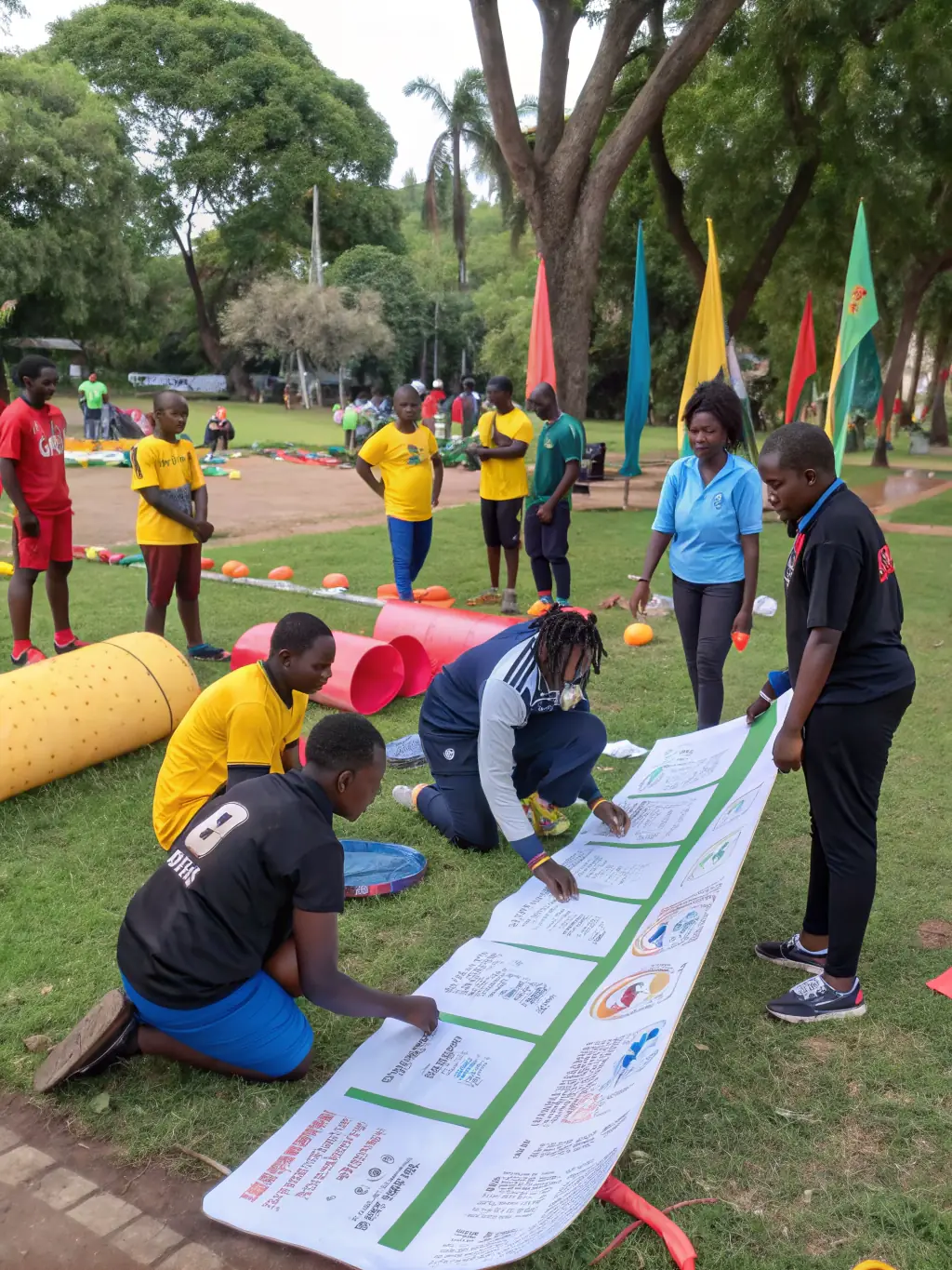 A photo of volunteers and organizers from ASUJL collaborating during a community sports event, emphasizing the organization's reliance on teamwork and community support.
