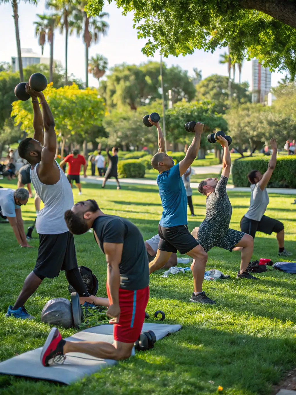 A dynamic photo of adults participating in a fitness class at a local park, demonstrating the association's commitment to accessible fitness programs.